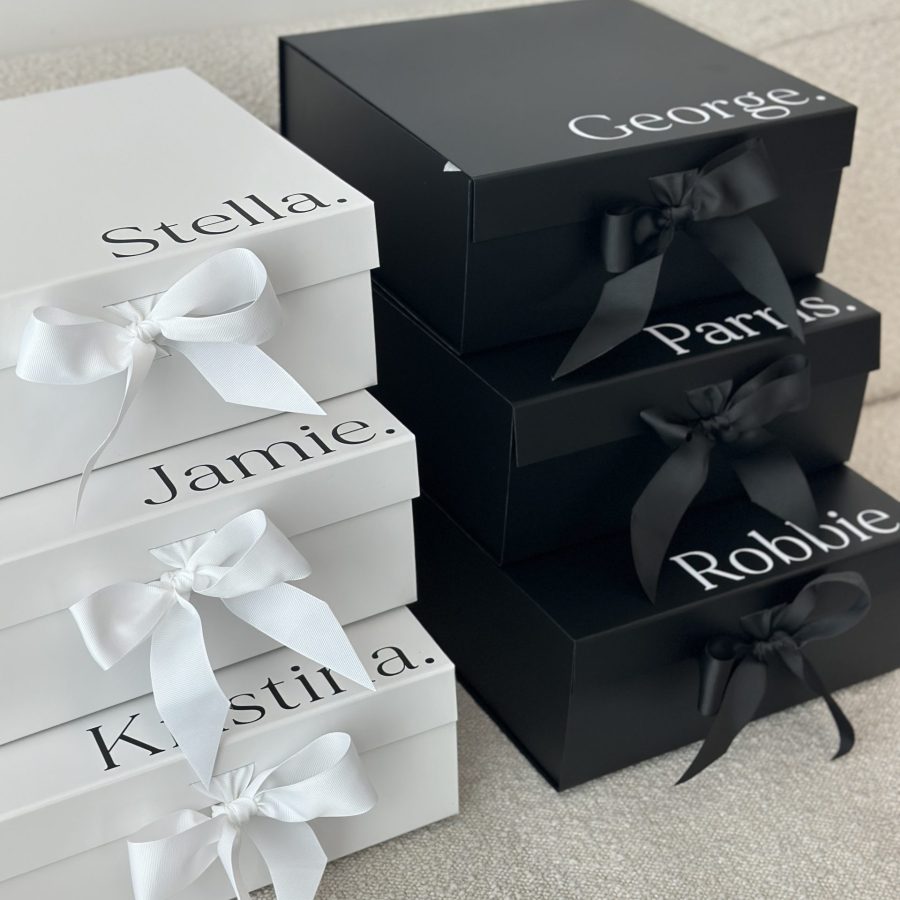 BLACK AND WHITE RIBBON BOXES BRIDAL PARTY